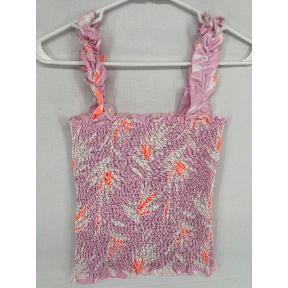 Billabong Smocked Tank Top Womens Small Tropical Palm Print Ruffle Pink Orange